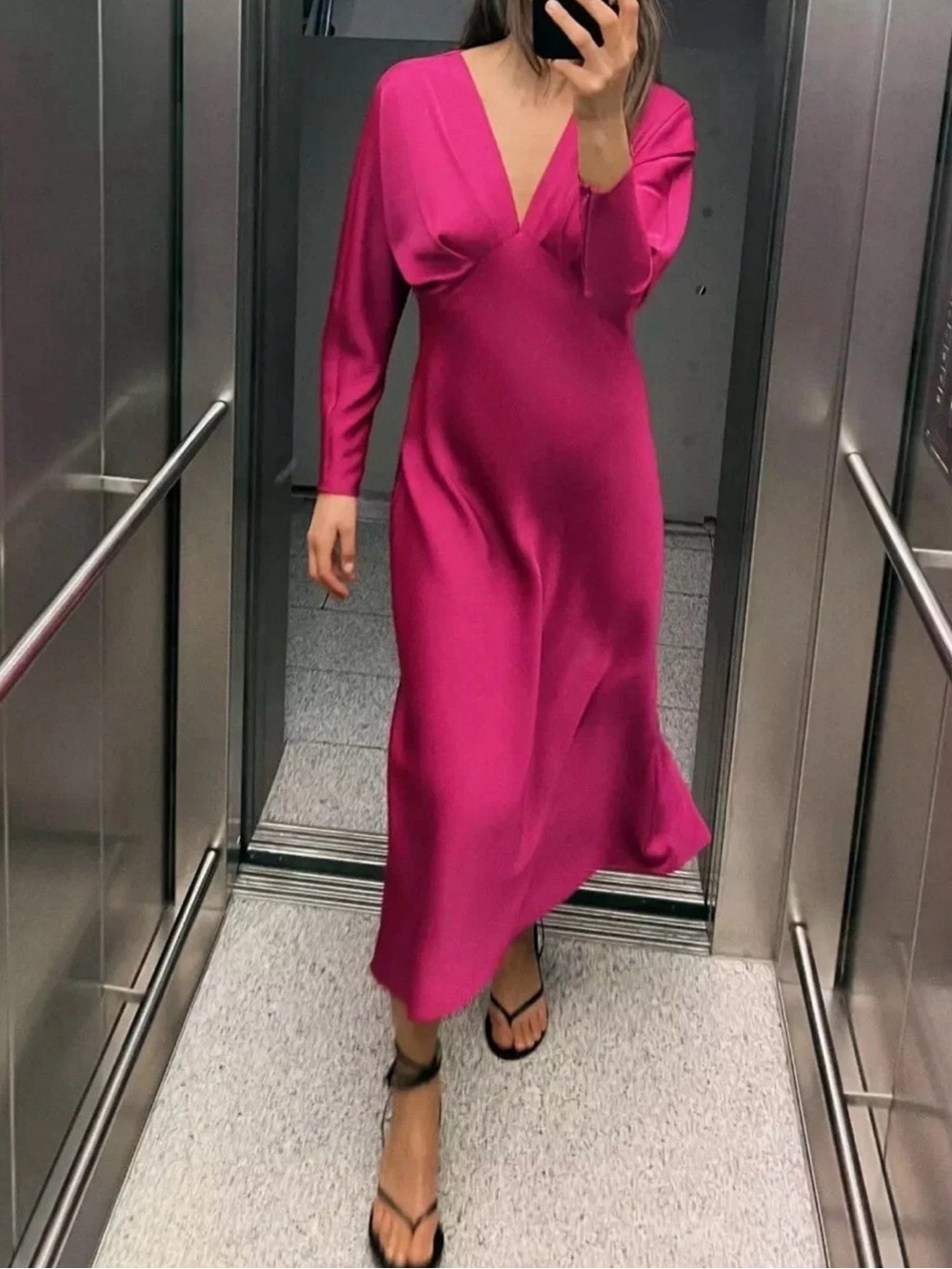 Zara Woman SS24 Raspberry Pink Satin Effect Midi Dress Size Large NWT